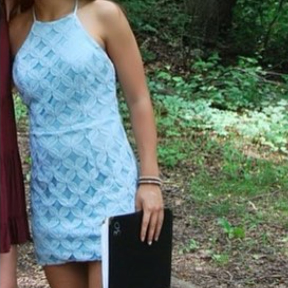blue halter dress patterned